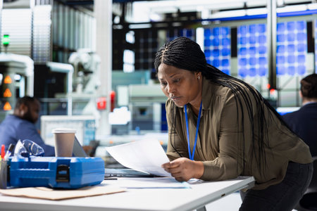 Woman master engineer reviewing production line data on papers, manages factory activity in a solar...