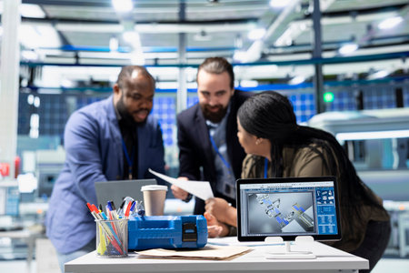 Factory supervisors diverse group engaging in briefing over production metrics, supporting...