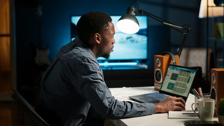 Remote worker organizing project data reviewing his handwritten notes, browsing web for research....