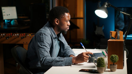 Remote worker in a cozy apartment organizing data and writing articles, checking online information....