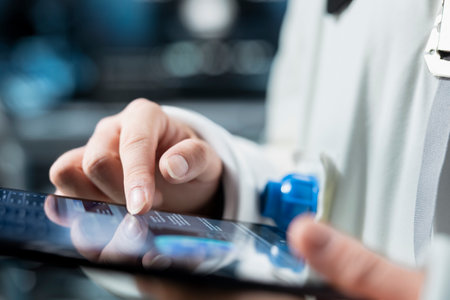 Close up of astronaut reviewing spacecraft metrics on tablet to ensure safe operation during long...