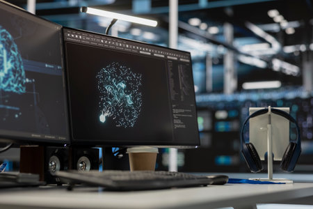 Close up of computer screens in server room monitoring artificial intelligence visualizing neural...