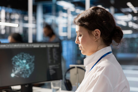 Data center computer scientist analyzing software logs metrics on PC monitor, optimizing systems....