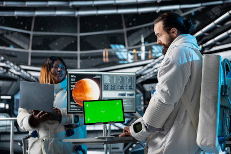 Space station researchers analyzing Mars planetary data using isolated screen tablet. Team of...