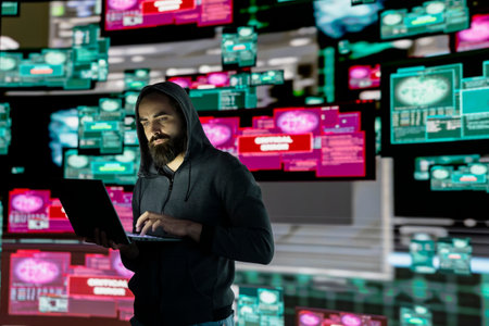 Male hacker operates in stealth mode breaching system access through coding, bypassing firewalls and...