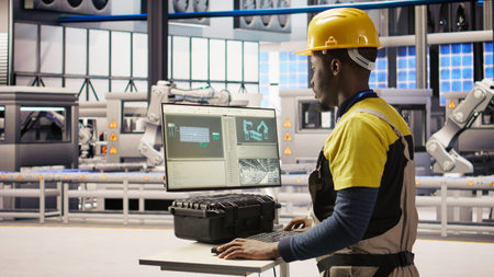 Engineer overseeing solar panel production lines equipment using PC software. Worker maintaining...