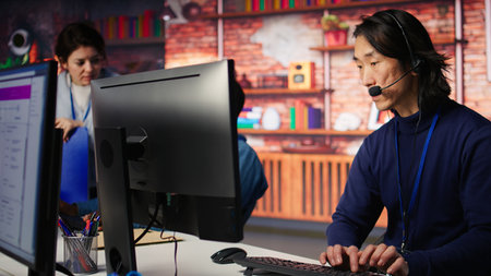 Call center senior agent providing step by step guidance to help customers using AI. Customer center...