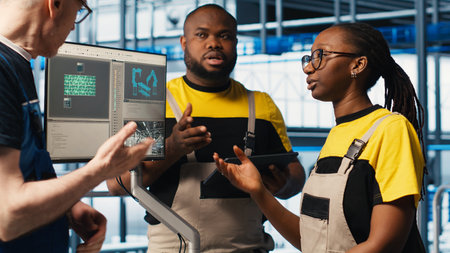 Photovoltaics smart factory team leader and workers talk about new PV materials. Industry 4.0 solar panels plant senior engineer and colleagues develop green energy systems prototypes, camera Aの写真素材