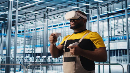 Smart factory engineer using VR headset to oversee operation of robotic arms and conveyor belts. Industry 4.0 plant technician monitors system performance using virtual reality, camera Aの写真素材