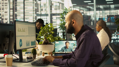 Business manager on videocall with worker attending briefing meeting to share new ideas to profit...