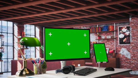 Classy minimalist space featuring a copy space display on pc monitor. Bright loft style apartment...