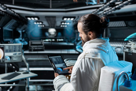 Scientist in spaceship analyzing mission logs on device while carrying out research aboard starship. Astronaut researcher wearing cosmonaut gear looking at tablet interface showing orbital pathの写真素材