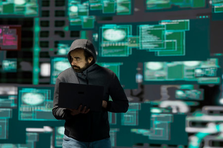 Digital attacker using coding and threat detection evasion to launch malware and penetrate secure access points. Highlighting cyber security risks, IT expert practices hacktivism.の写真素材