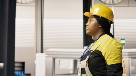 Technician walking in industrial plant, using toolbox to diagnose and fix equipment errors. African american woman in manufacturing factory coordinates repair tasks on assembly lines, camera Bの写真素材