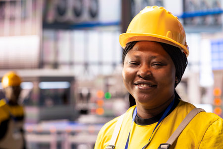 Professional engineer in smart factory optimizing industrial automation production. Portrait of black female technician in facility using industry 4.0 system software for efficient manufacturing.の写真素材