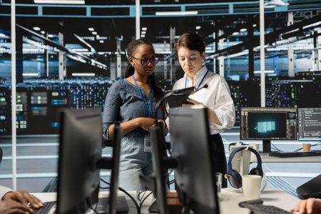 Team of technicians using tablet in server farm, analyzing data. Women working in data center...