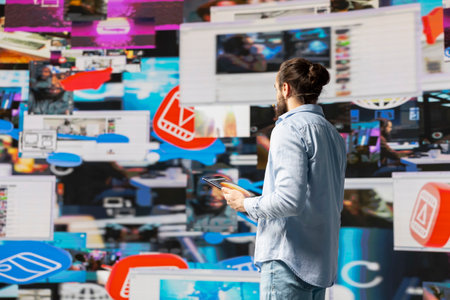 With a hands free microphone, male influencer hosting a live discussion presentation offers insight for visibility. Male speaker gives advice with the audience to boost online engagement.の写真素材