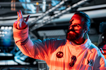 Space crew member responds to alien hostile presence red light alert during mission. Astronaut raises hand instinctively as unseen extraterrestrial form attacker approaches in orbital station cockpitの写真素材