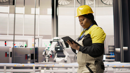 Engineer walks in photovoltaics factory, looking at system performance metrics on tablet. Worker administrates industry 4.0 plant, using device to track energy production through IoT sensors, camera Aの写真素材
