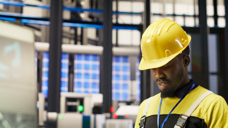 Technician in industrial plant using tablet app to diagnose equipment errors. Manufacturing factory...