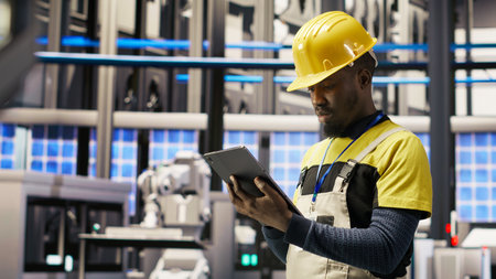 Smart factory repairman using tablet to analyze IoT sensors data before upgrading assembly lines....