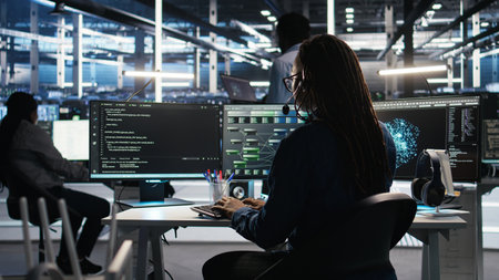 Data center expert examines node tree interface, delivering technical support. Server room...
