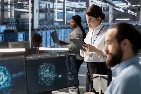 System administrators in data center integrating AI driven automation tools, doing maintenance....