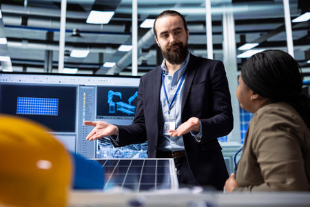 Photovoltaics factory businessmen discussing upgrades to make to improve sales. Solar panels...