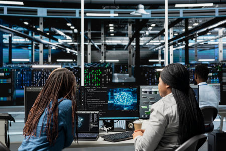 Data center engineering team working together, using AI visualization to oversee automated...