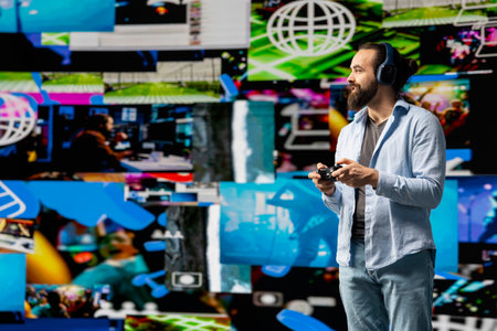 Male influencer checking mobile notifications and visual storytelling, engaging with followers on social network and showcasing creativity. Connected digital world, brand voice.の写真素材