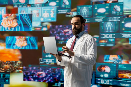 General practitioner leverages digital tools for better diagnostics and patient analysis, reflecting the future of medicine through technology and scientific advancement. Health innovation.の写真素材