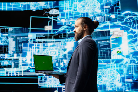 Business administrator uses mockup display next to AI neural networks system, practicing machine...