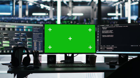 Mockup PCs in data center control hardware energy usage using node tree tech interfaces. Isolated...
