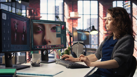 Young photographer editing photos on a modern pc setup in agency office, using color grading and retouching technique. Ideal workspace for a digital designer, art photography. Camera A.の写真素材
