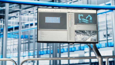 Monitor in industry 4.0 smart industrial plant equipped with advanced sensors, embedded software and robotics that collect and analyze data, allowing for better decision makingの写真素材