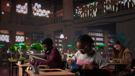 Black girl focuses on her exam preparations in the campus library, takes notes on her laptop from reference books in a peaceful study setting. Girl uses the general database materials. Camera A.の写真素材