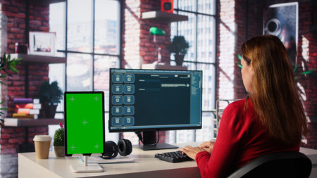 Freelancer interacting with smart AI virtual assistant next to mockup screen, using innovative chatbot web interface. Machine learning enhances productivity through advanced algorithms. Camera B.の写真素材