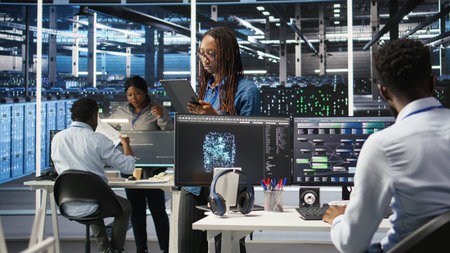 Server farm engineering team using AI algorithms and node tree systems to categorize unstructured data. Data center IT experts use visual programming and natural language processing software, camera Aの写真素材