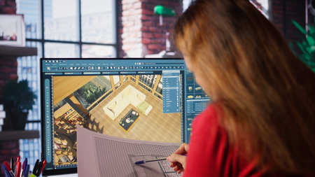 Graphic artist uses architectural software and blueprints to create 3D render of a home interior. Program allows to configure furniture and other design elements for a virtual layout. Camera B.の写真素材