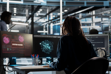 Data center engineer using AI visualization tool sees virus popup during security breach. Server...