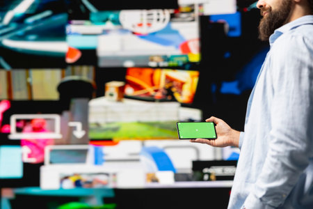 Young influencer checks phone with mockup screen for activity on social media platforms, leveraging innovation and mobile technology to maintain engagement and build a community. Social network.の写真素材