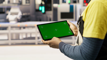 Photovoltaics plant worker uses chroma key notebook to follow maintenance procedures. Solar panels...