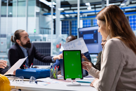 Investors review documentation on mockup device to evaluate investment profitability. Shareholders and production plant manager analyzing sustainable manufacturing data using isolated screen tabletの写真素材