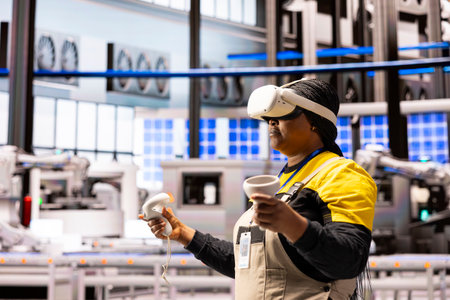 Factory worker wearing VR headset and holding motion controllers engages in virtual reality training in advanced industrial plant. Female engineer highlighting the role of AR in modern manufacturing.の写真素材