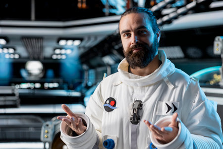 Portrait of cosmonaut exploring deep space, preparing for planetary mission outside. Man in orbital...