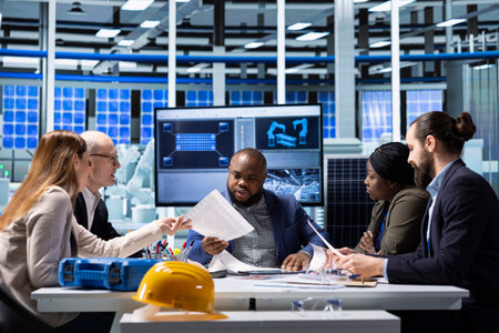 Solar panels factory shareholders doing competitor analysis, looking over files. Photovoltaics plant shareholders conducting research on potential investment opportunities, reading documentsの写真素材