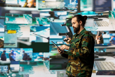 Armed forces soldier gathers surveillance from digital drone systems, preparing for combat with...