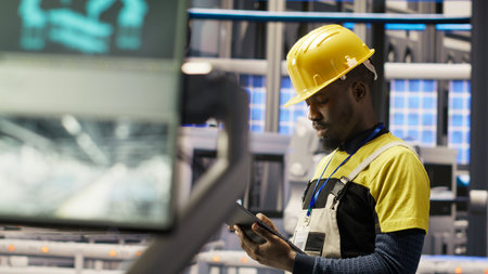 Engineer oversees solar panel production lines equipment using tablet app. Worker maintains photovoltaic assembly systems in automated industry 4.0 factory using digital device application, camera Bの写真素材