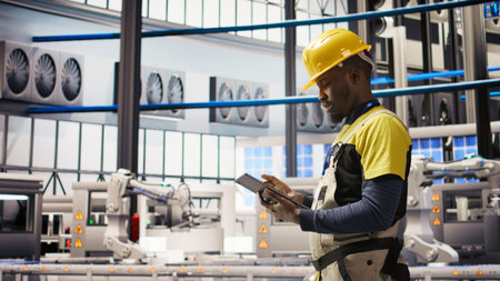 Smart factory expert uses tablet to implement automated workflows and control systems, computerizing operations. Industry 4.0 plant technician integrates sensors into production using device, camera Aの写真素材