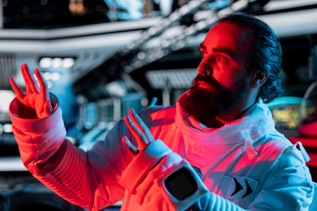Astronaut in spaceship raises hand defensively during onboard alert. Orbital station crew member reacts to disturbanceの写真素材